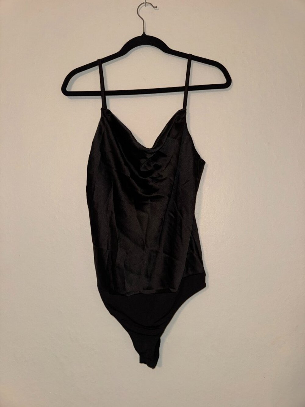 Black Satin Cowl Neck Cami Bodysuit Spaghetti Strap